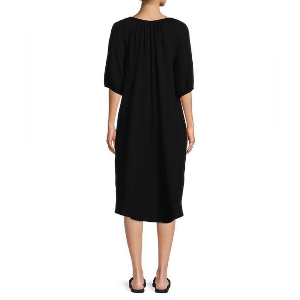 Socialite Black Cotton Tassel Tie Neck Shift Dress | 3/4 Sleeve Boho Midi Size M - Picture 3 of 6